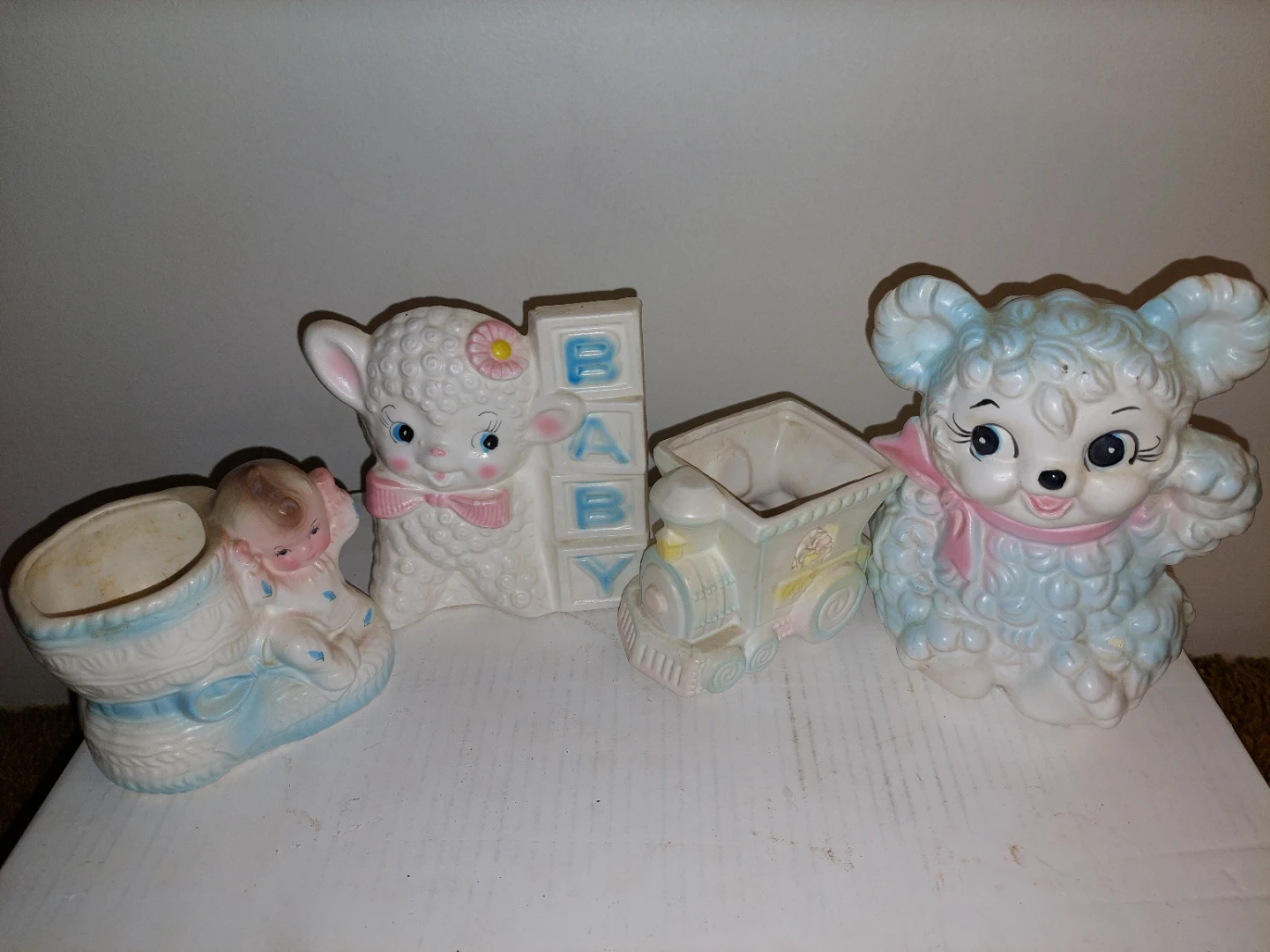 Vintage Baby Decor Set - Lamb, Bear, Train & Bootie