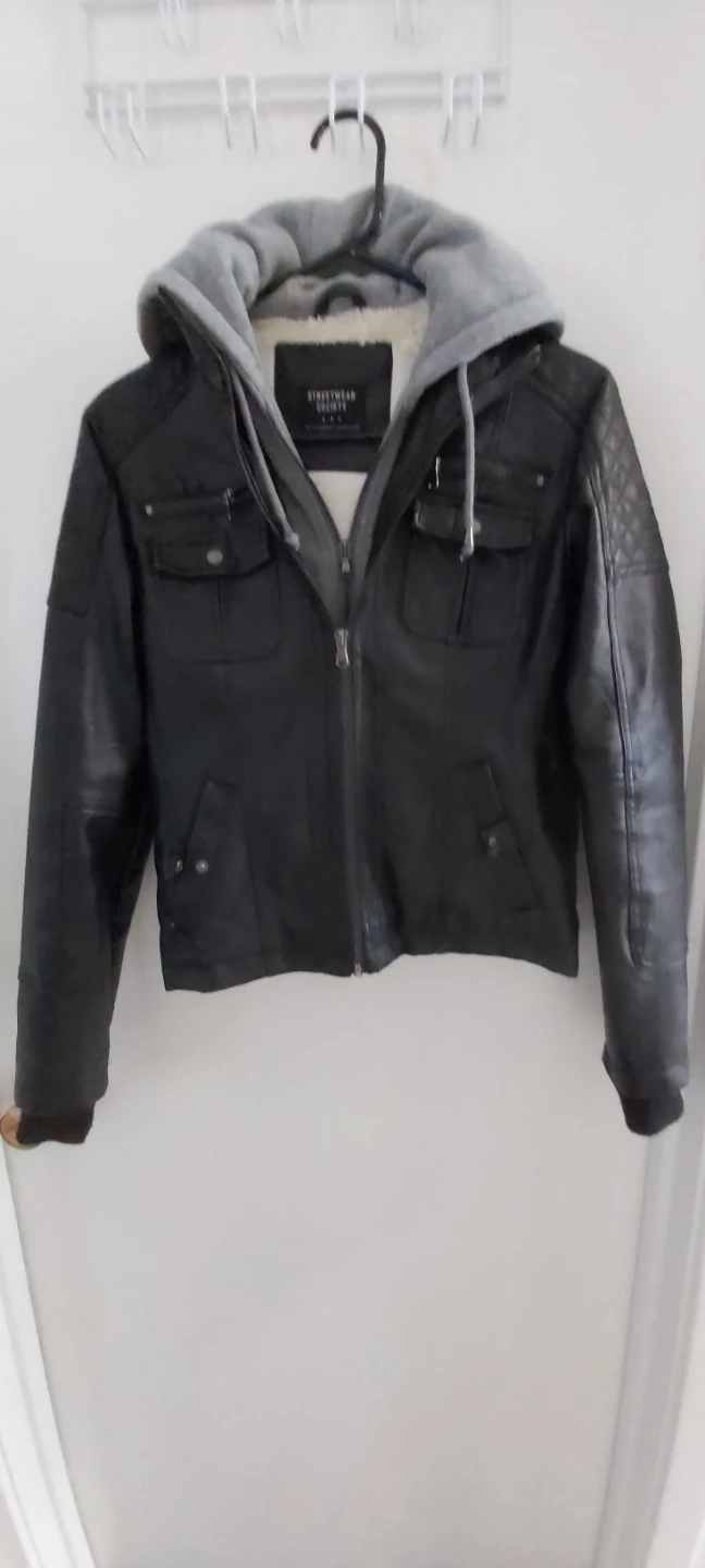 Black Faux Leather Jacket with Grey Hoodie Insert