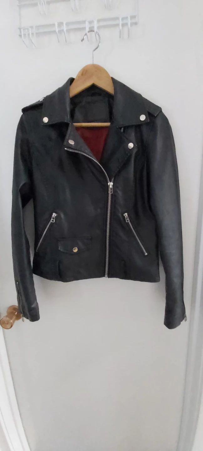 Black Faux Leather Jacket with Grey Hoodie Insert - photo 5