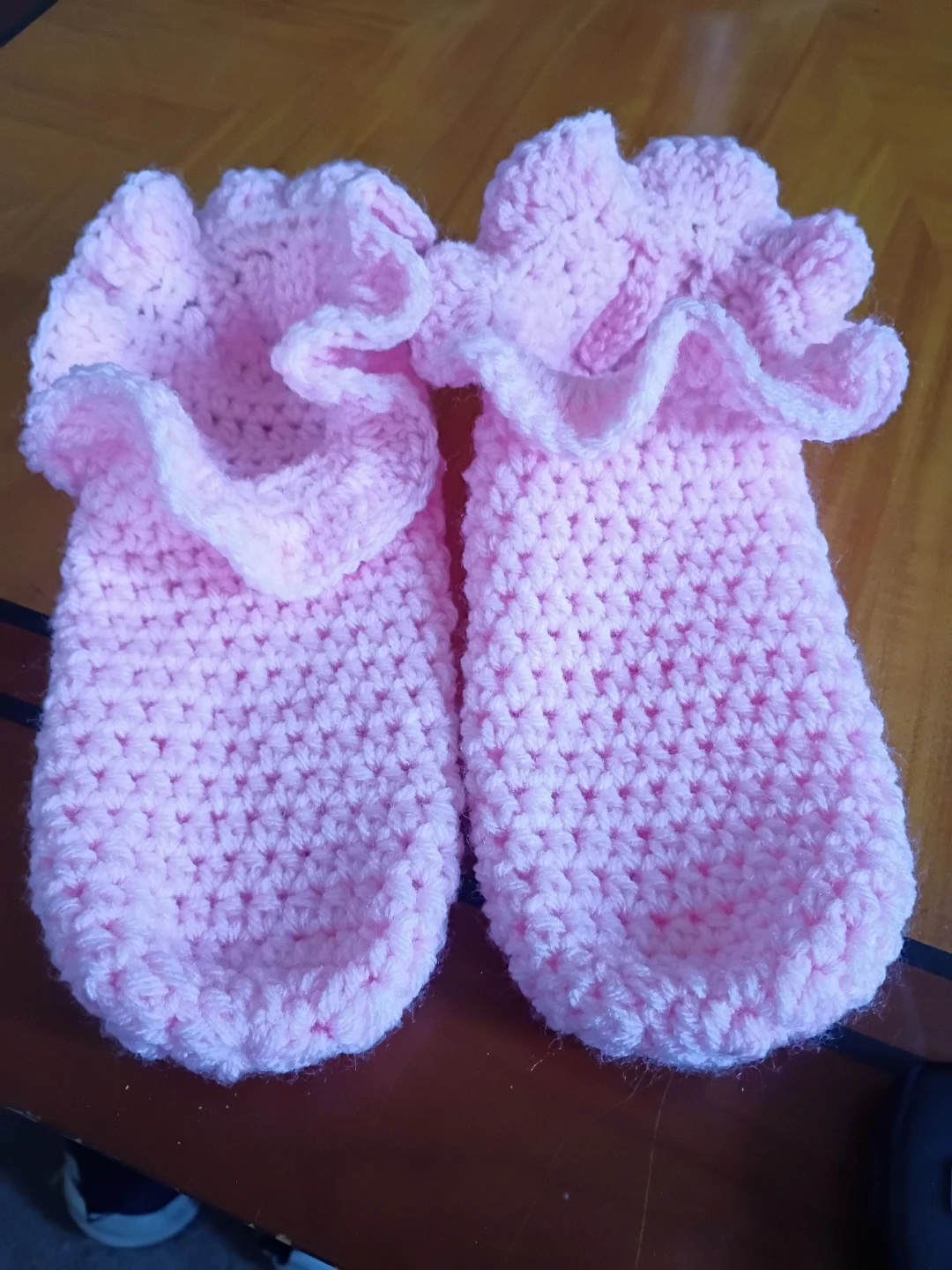 Hand-Crocheted Pink Booties with ruffles adults size 8