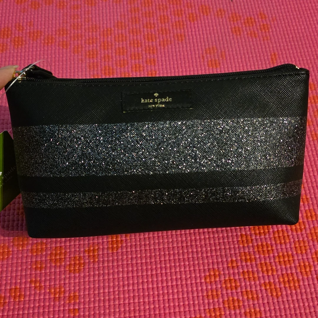 Kate Spade Black Glitter Stripe Cosmetic Bag