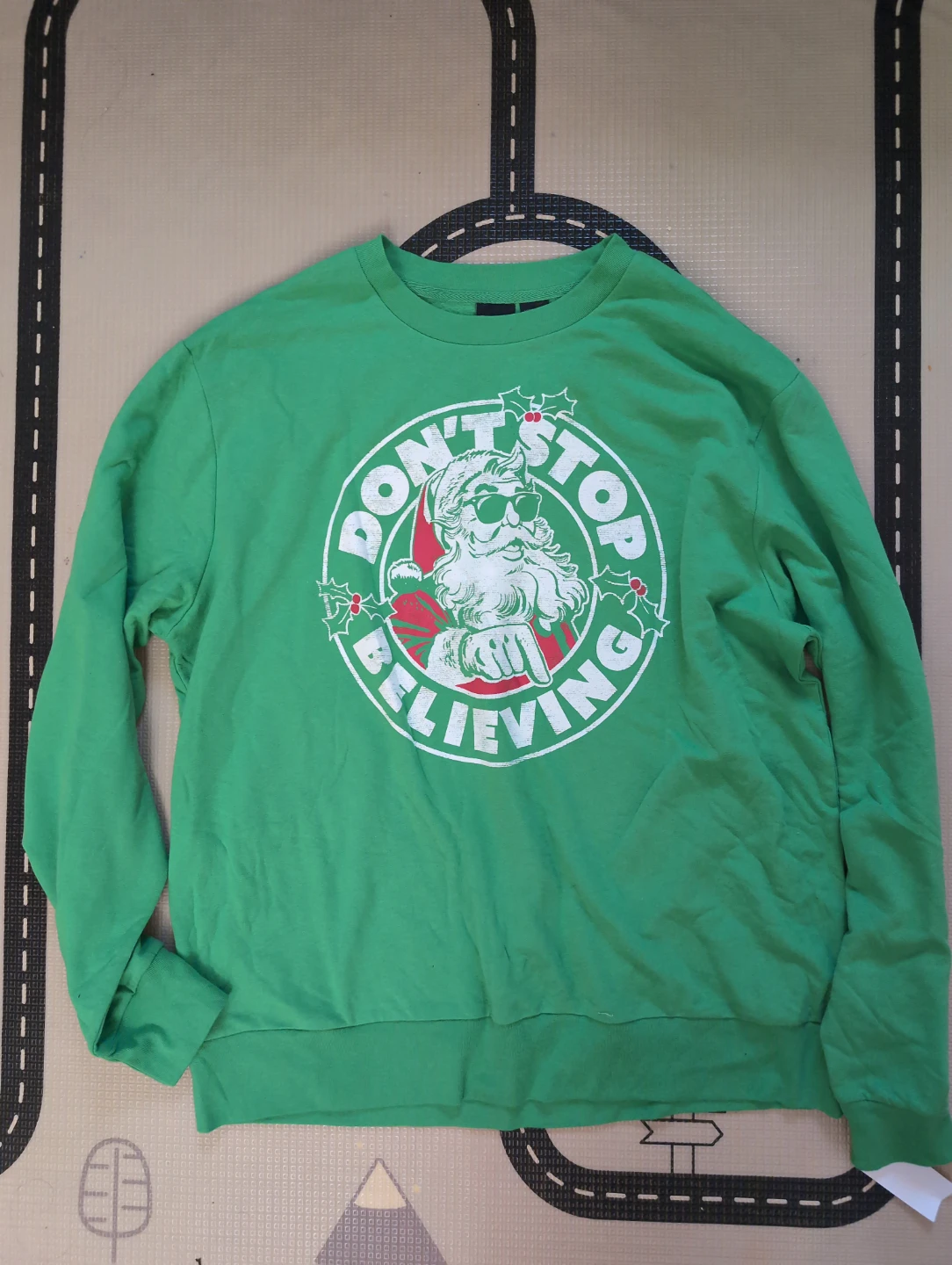Green Christmas Sweater - Don't Stop Believing Santa Graphic