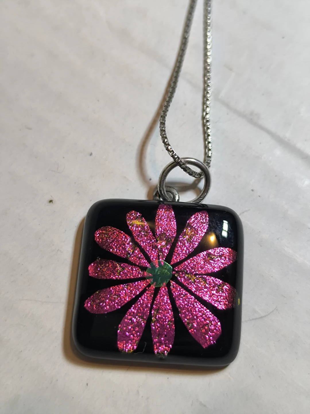 925 Silver Dichroic Glass Pendant Necklace with Pink Flower