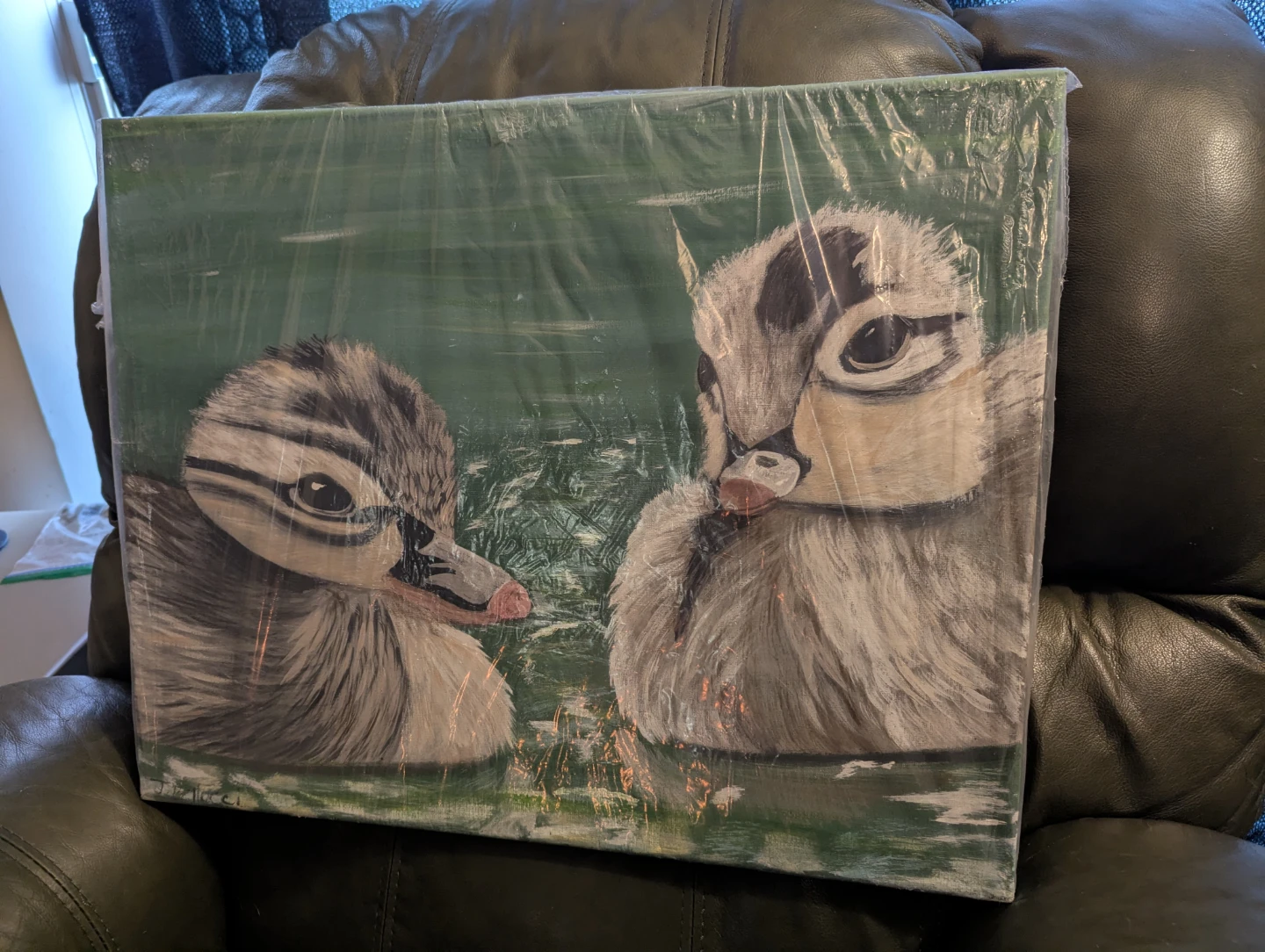 Painting of Two Ducklings in Water - photo 2