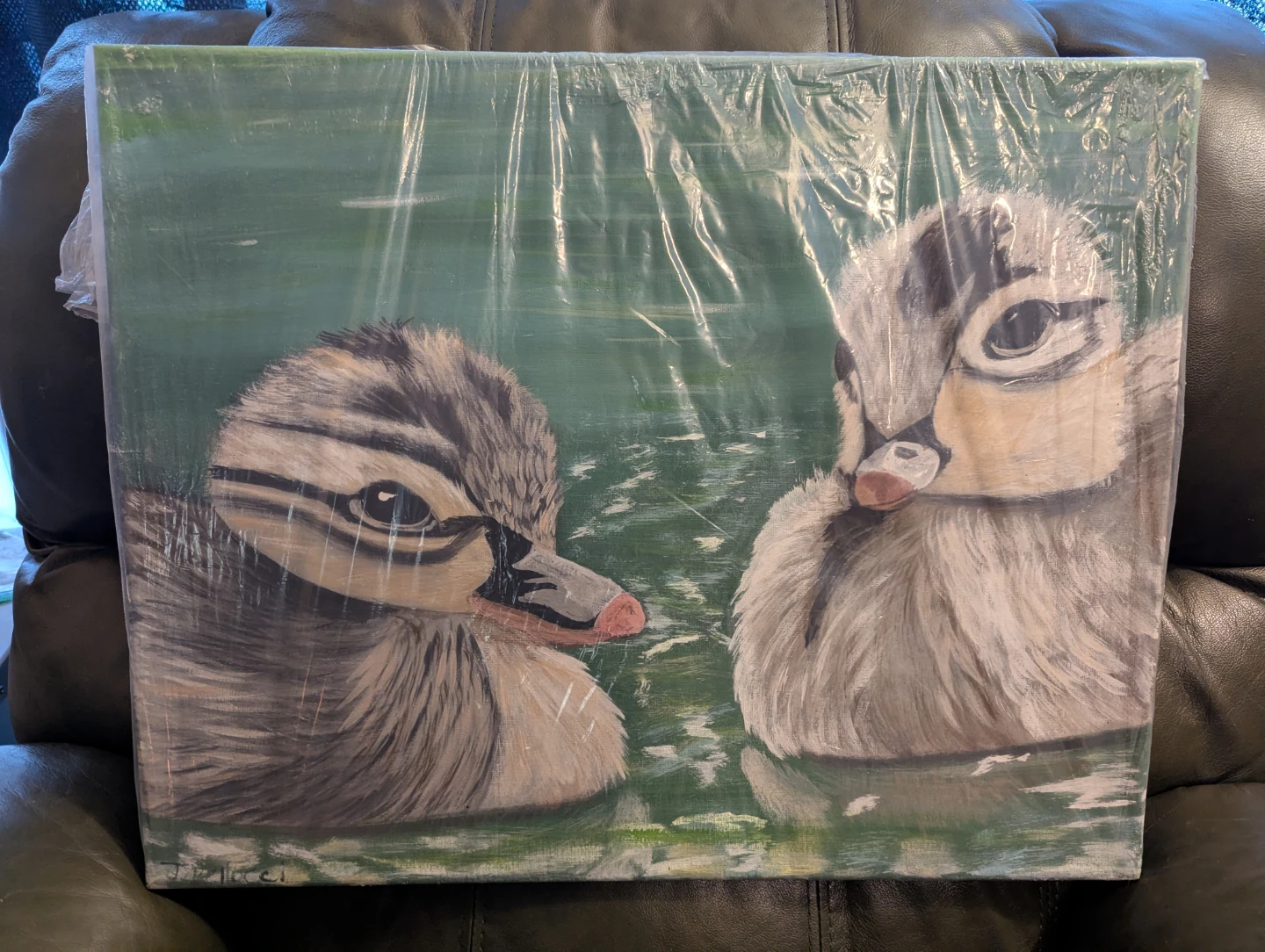 Painting of Two Ducklings in Water - photo 3