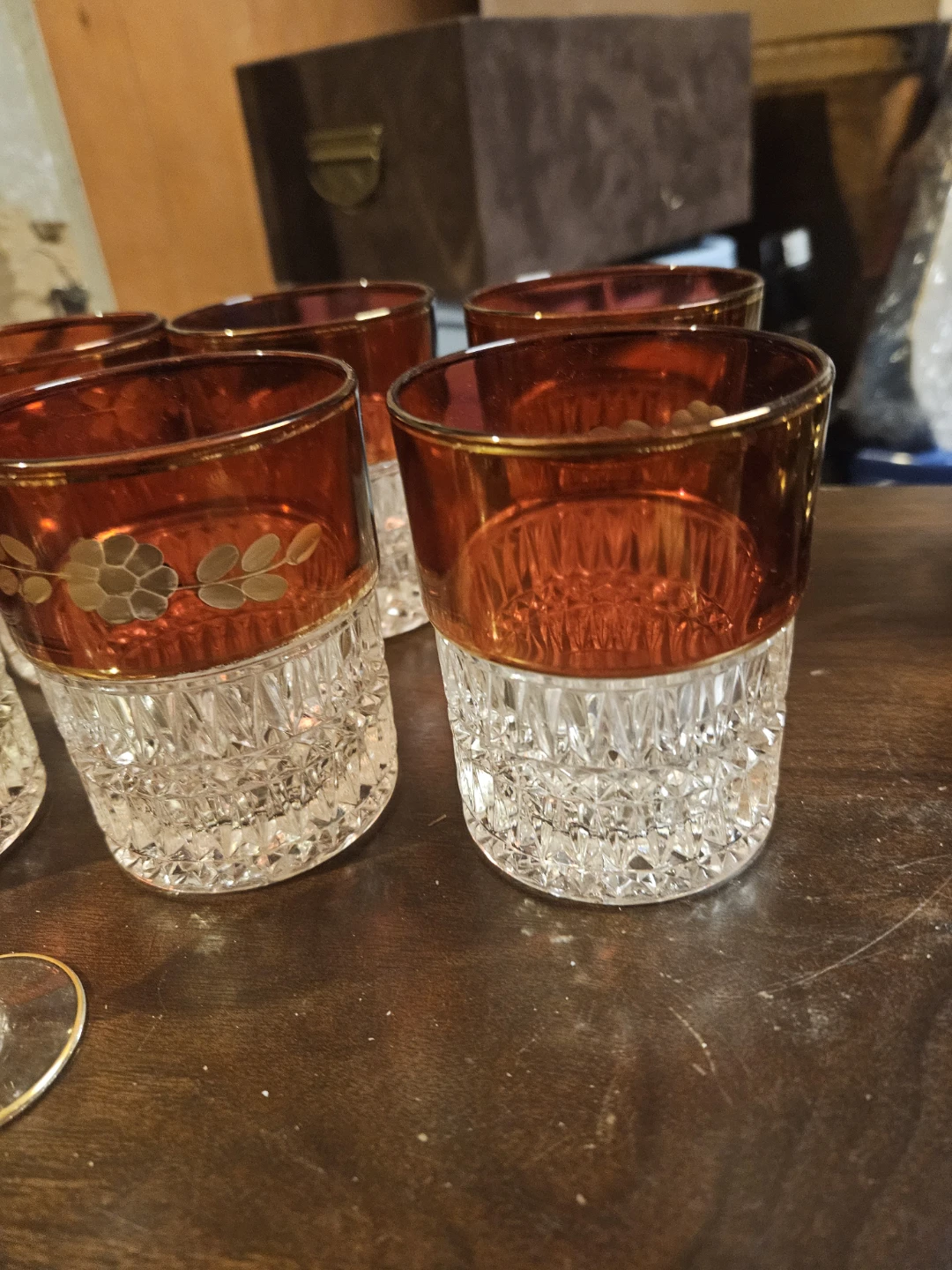 Set of 6 Amber Glass Tumblers with Floral Etching - photo 3