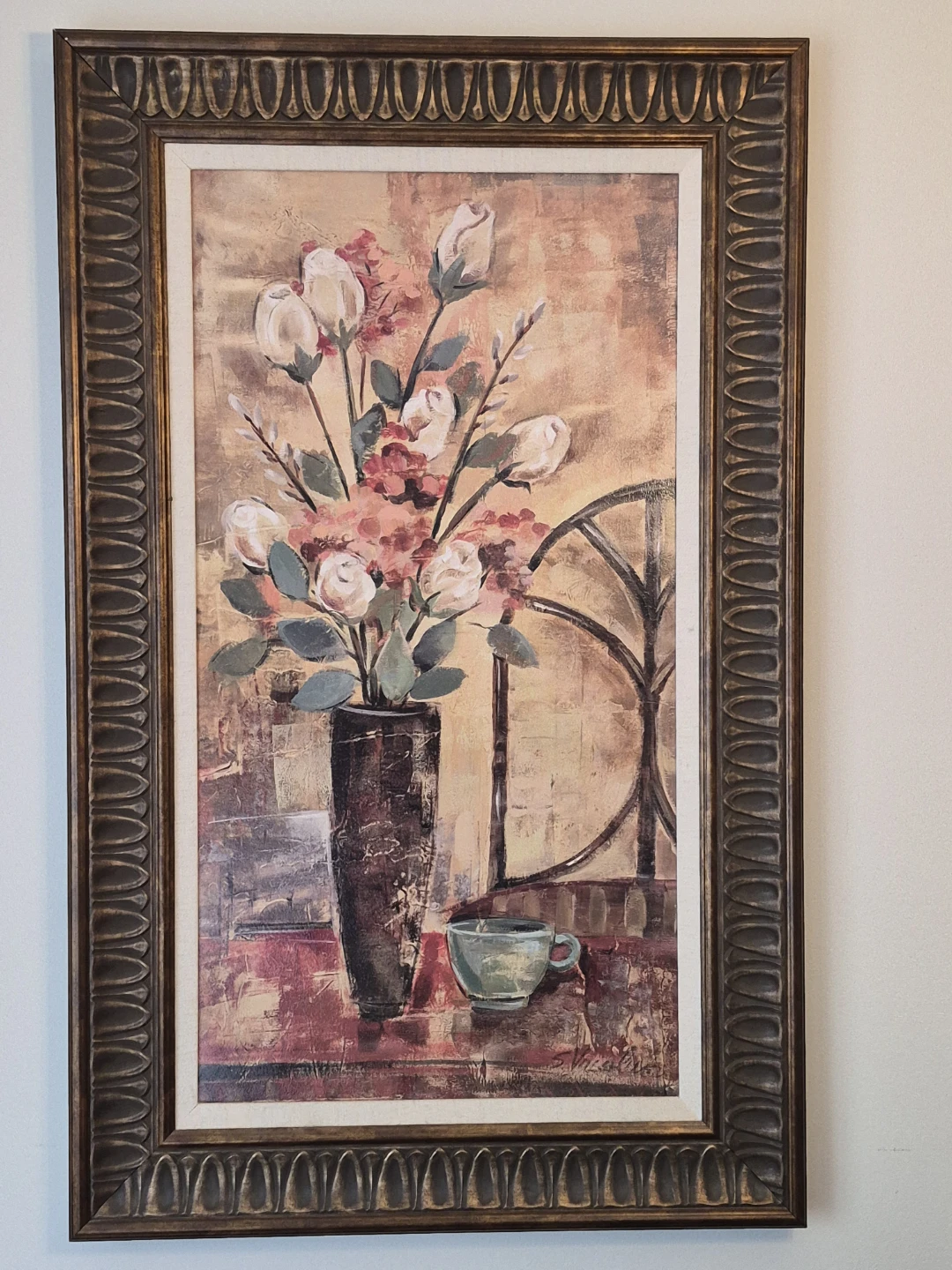 Framed Floral Still Life Painting with Cup