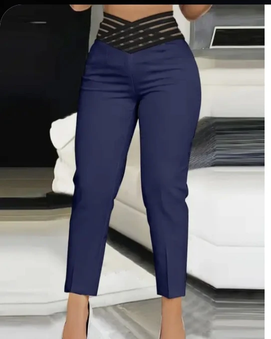 Women's Navy Blue Trousers with Striped Waistband