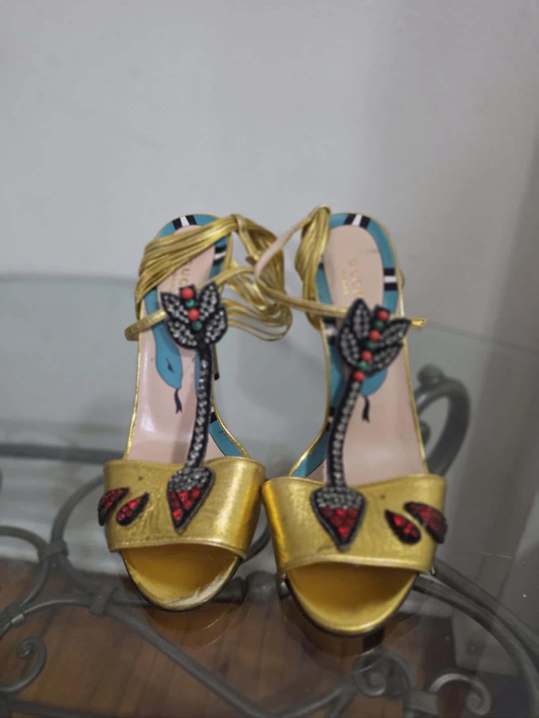 Gucci Women's Gold Snake Embellished Heeled Sandals