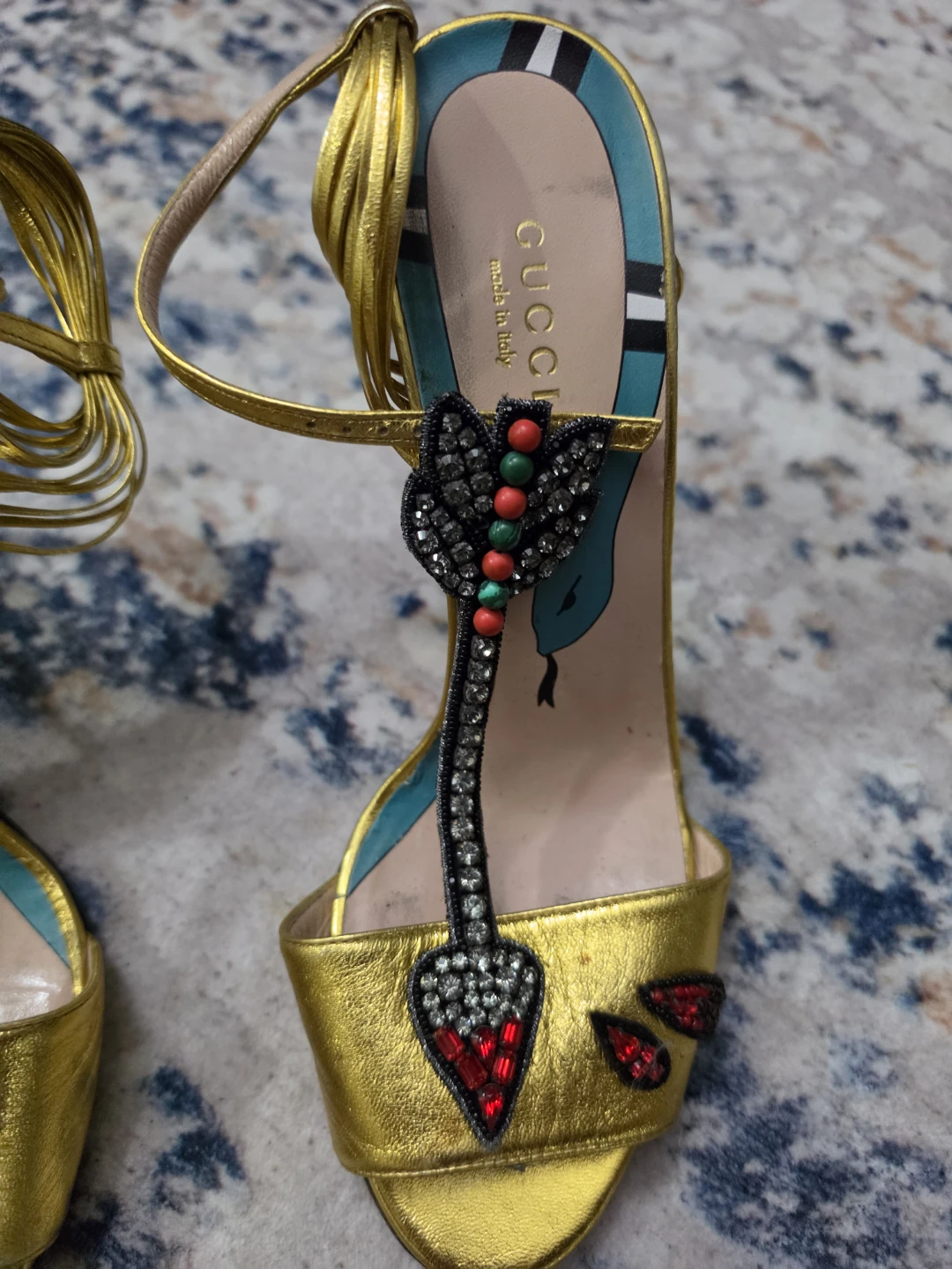 Gucci Women's Gold Snake Embellished Heeled Sandals - photo 3
