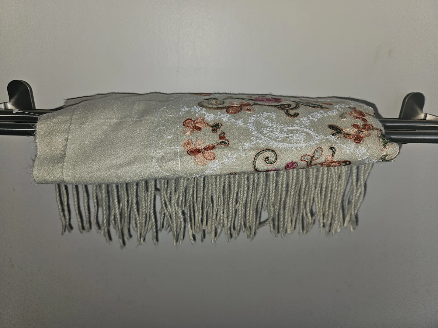 Embroidered Cashmere Scarf with Fringe - photo 2