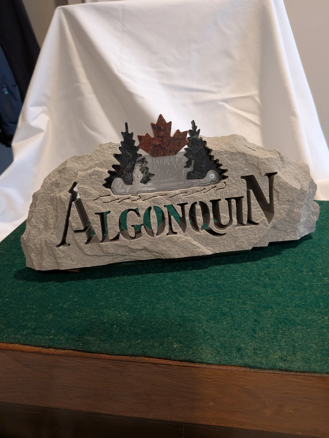 Algonquin Stone Carving with Maple Leaf and Canoe Scene - photo 2
