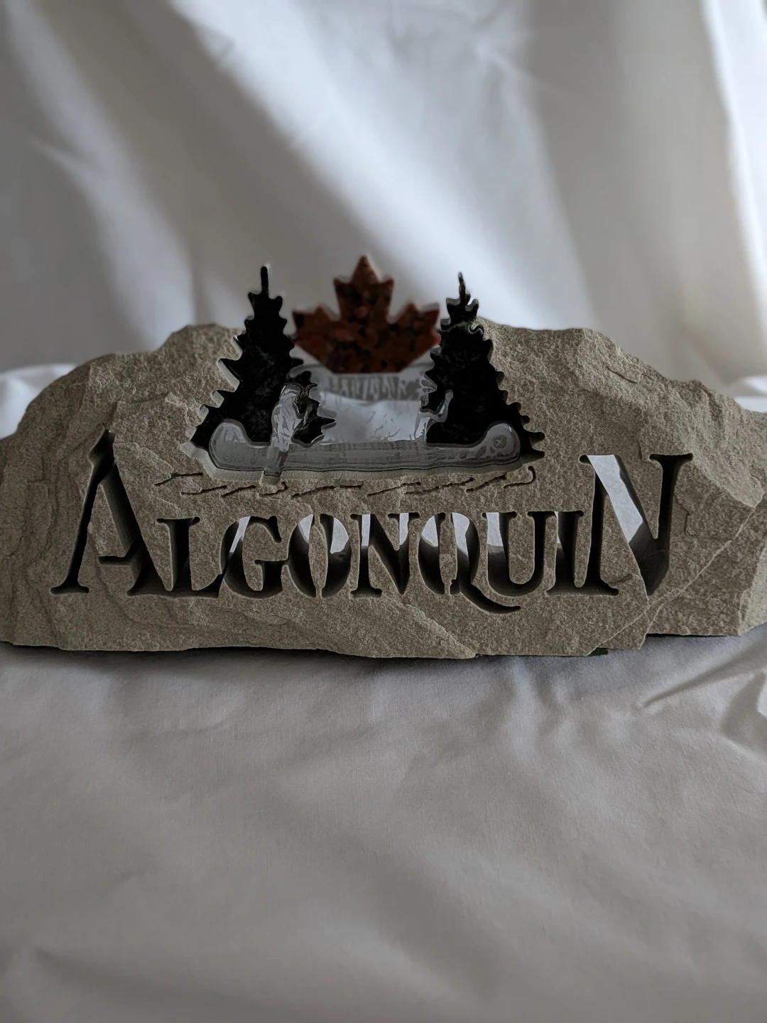 Algonquin Stone Carving with Maple Leaf and Canoe Scene - photo 3