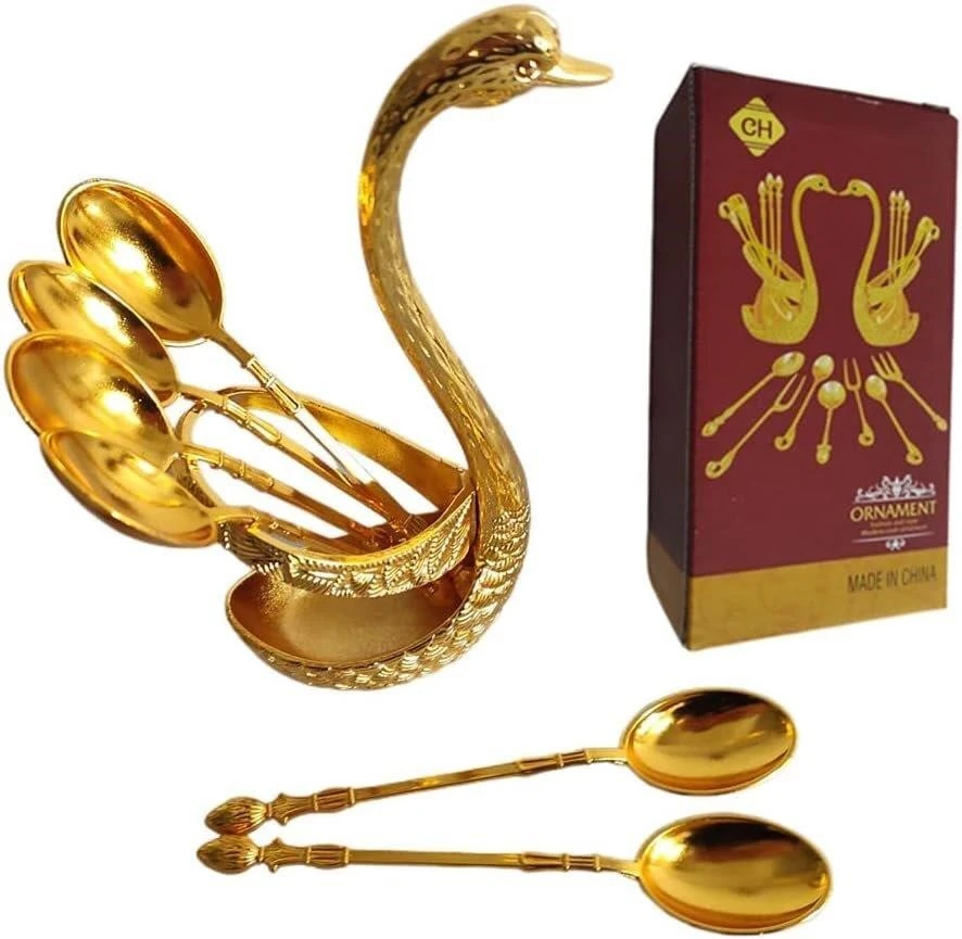 Swan Spoon Holder with 6 Spoons - Gold