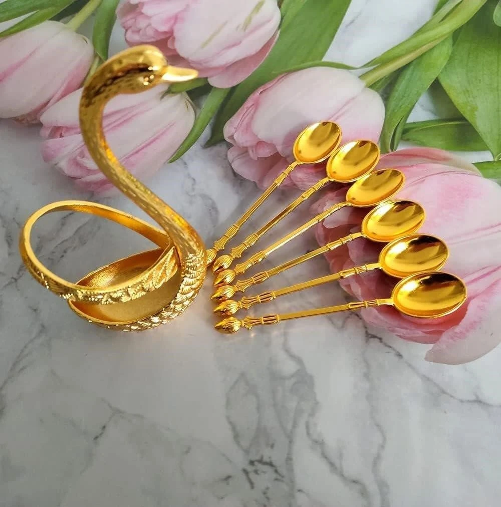 Swan Spoon Holder with 6 Spoons - Gold - photo 2