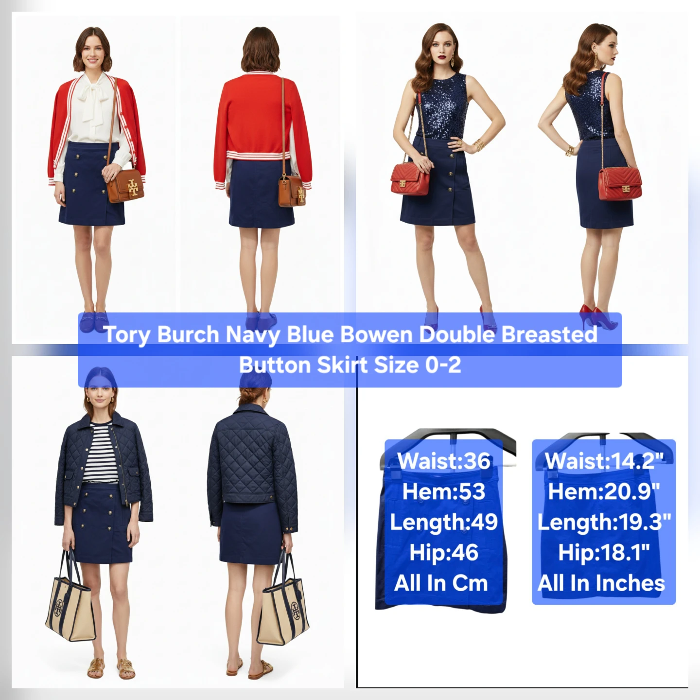 Tory Burch Navy Blue Bowen Double Breasted Button Skirt Size 0-2