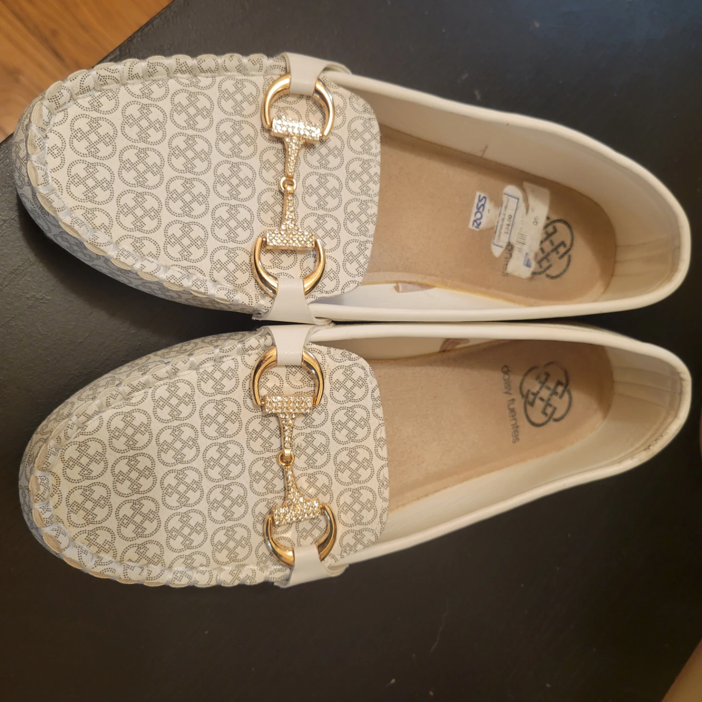 Daisy Fuentes White & Gold Embellished Loafers