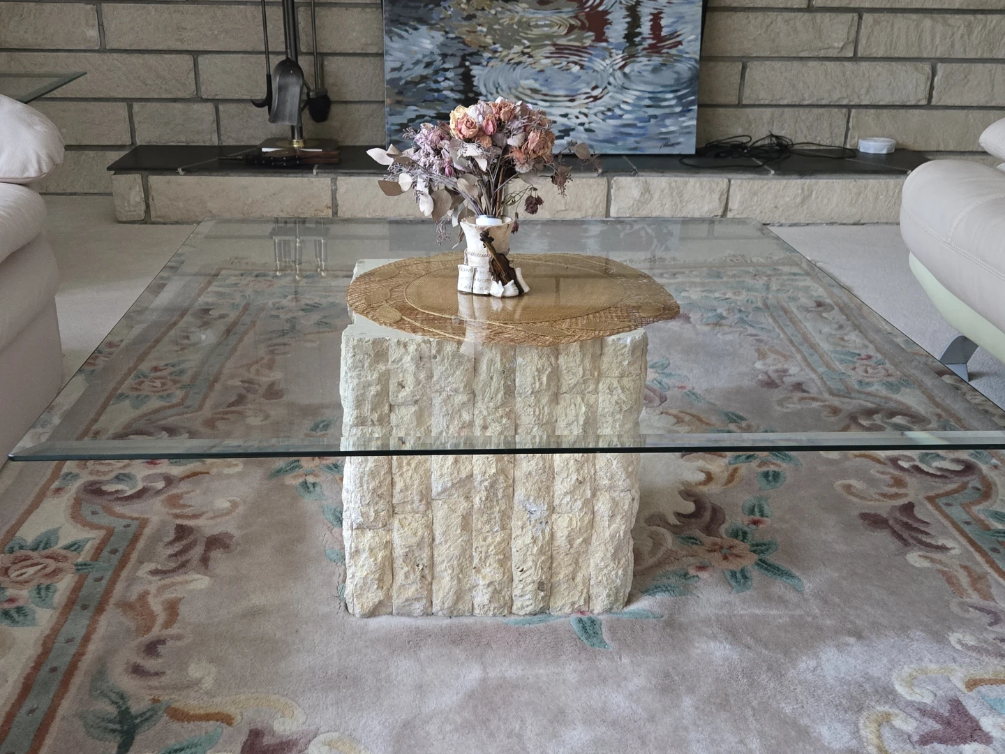 Glass Top Coffee Table with Stone Base