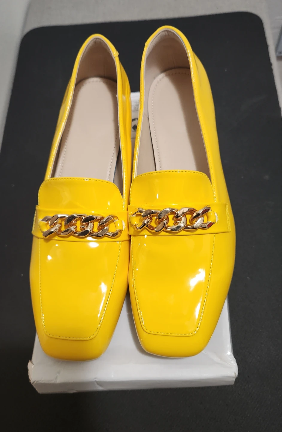 Women's Yellow Patent Loafers with Gold Chain Detail