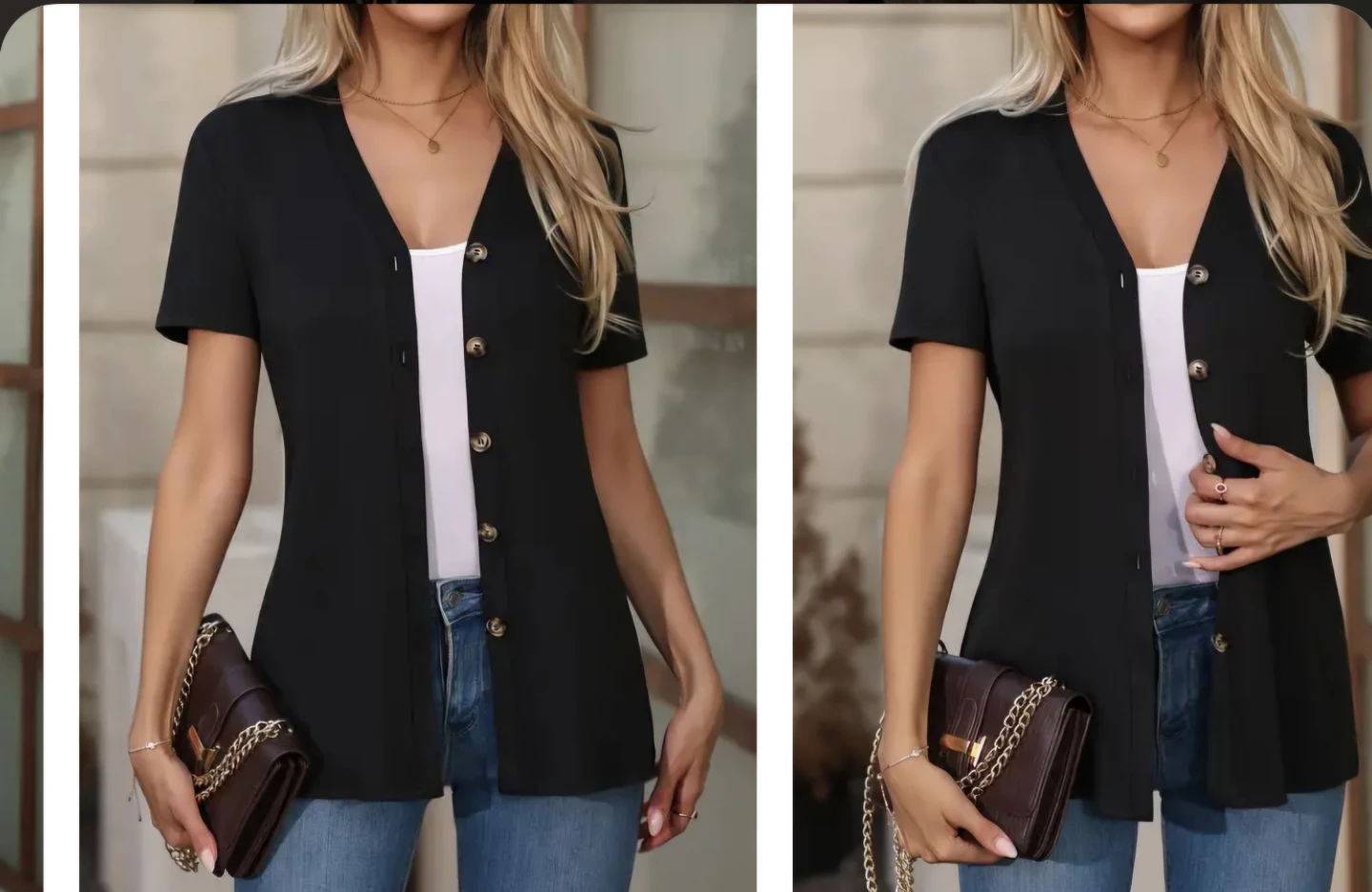 Black V-Neck Short Sleeve Button-Up Top