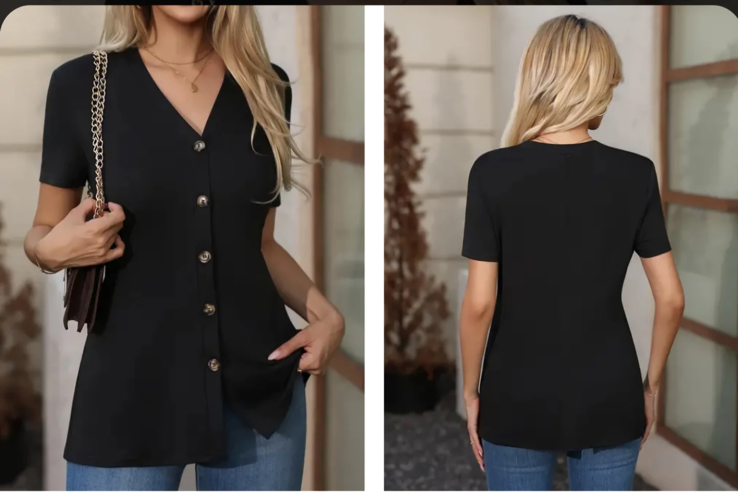 Black V-Neck Short Sleeve Button-Up Top - photo 2