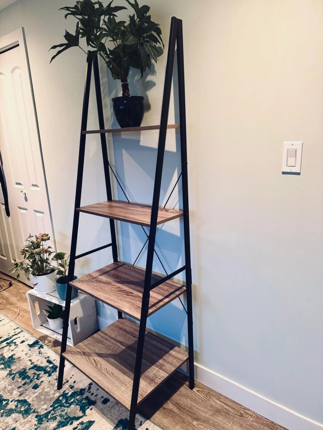 Ladder Shelf - Black Metal Frame with Wood-Look Shelves