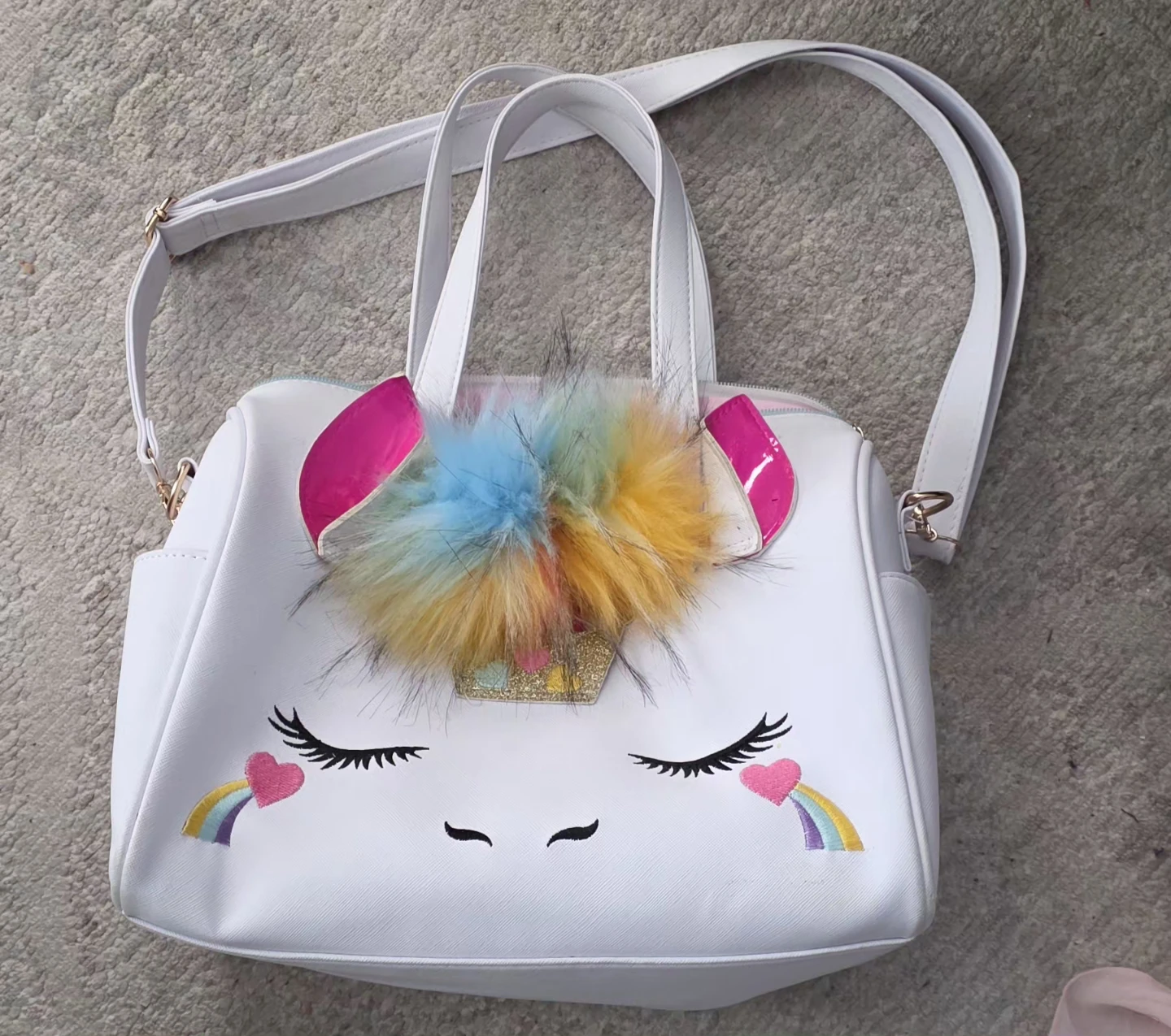 White Unicorn Duffle bag with Rainbow Pom-Pom