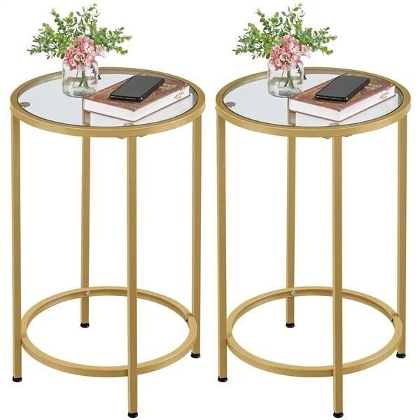 New Gold Glass Round Side Tables - Set of 2 | Glass & Gold Metal