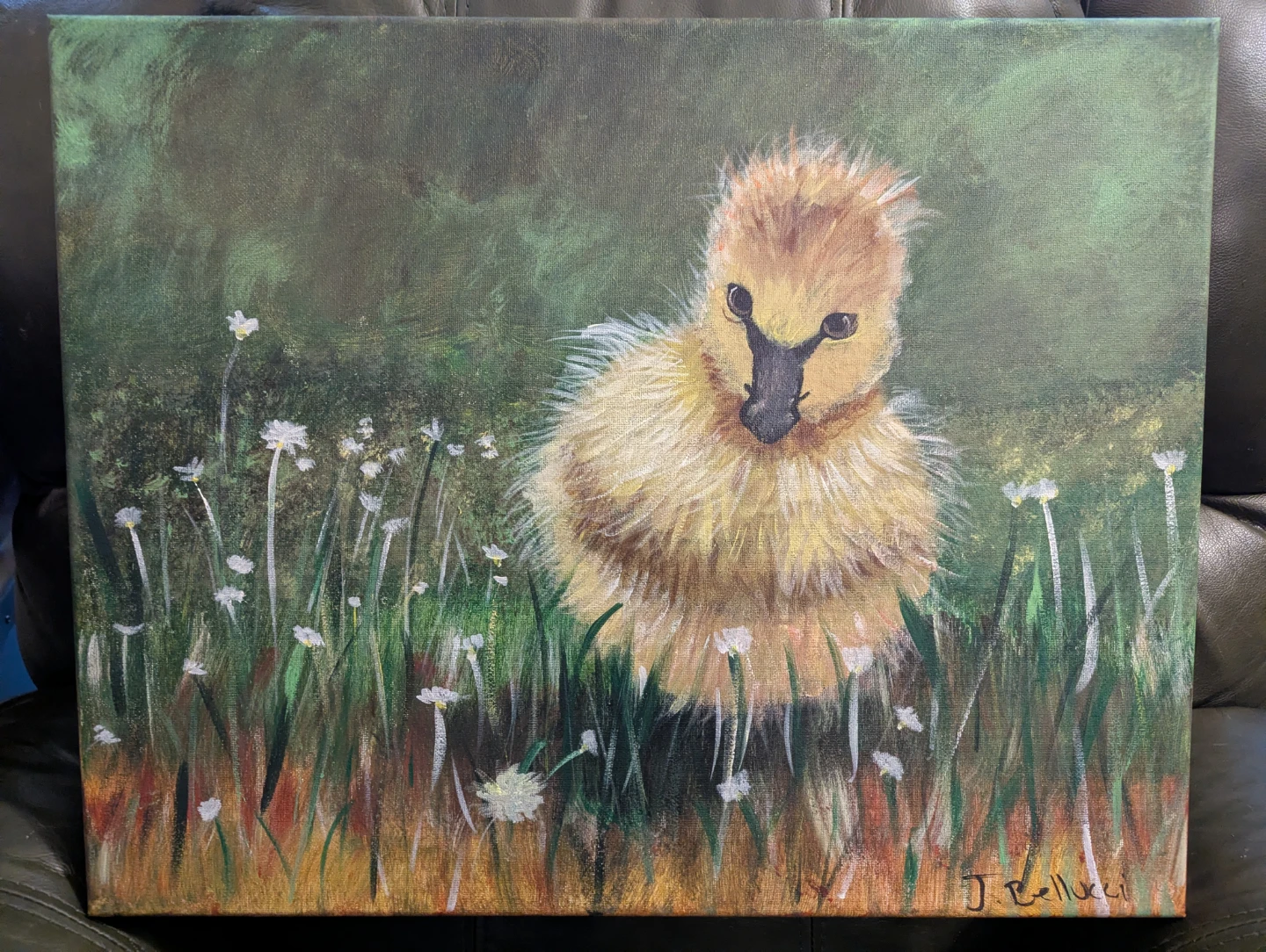 Original Painting of a Fluffy Duckling in a Field