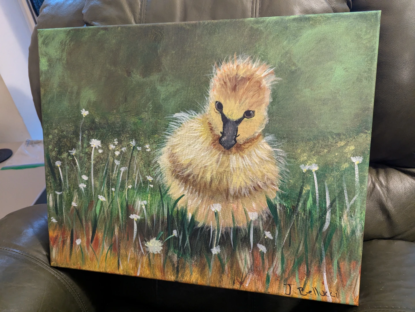 Original Painting of a Fluffy Duckling in a Field - photo 3