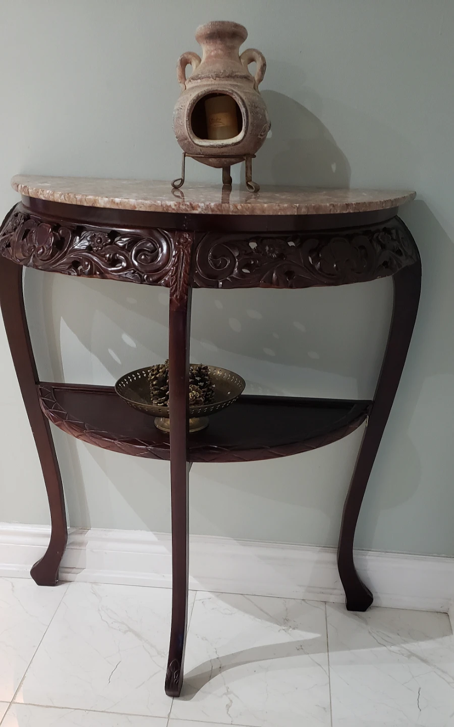 Console Table with Marble Top and Carved Wood Details