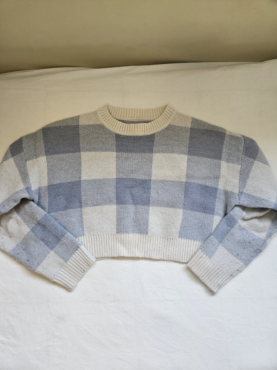 Cropped Blue and White Plaid Sweater
