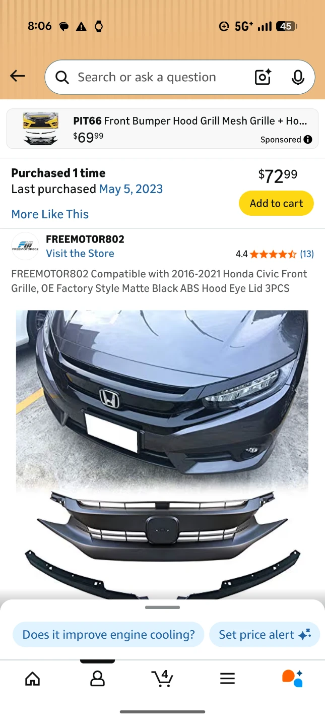 FREEMOTOR802 Compatible Honda Civic Front Grille 3PCS