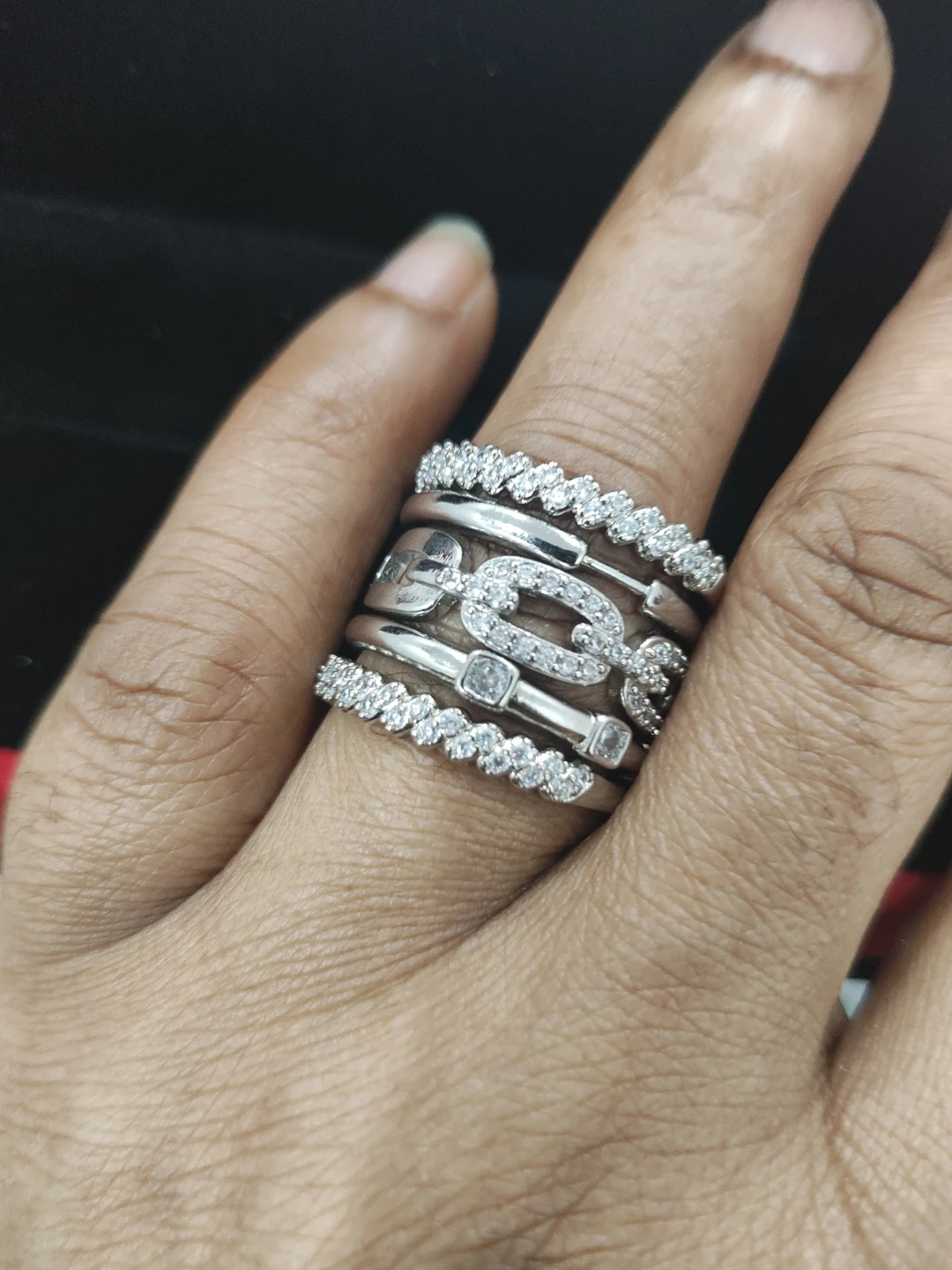 Silver multi-band ring with cubic zirconia