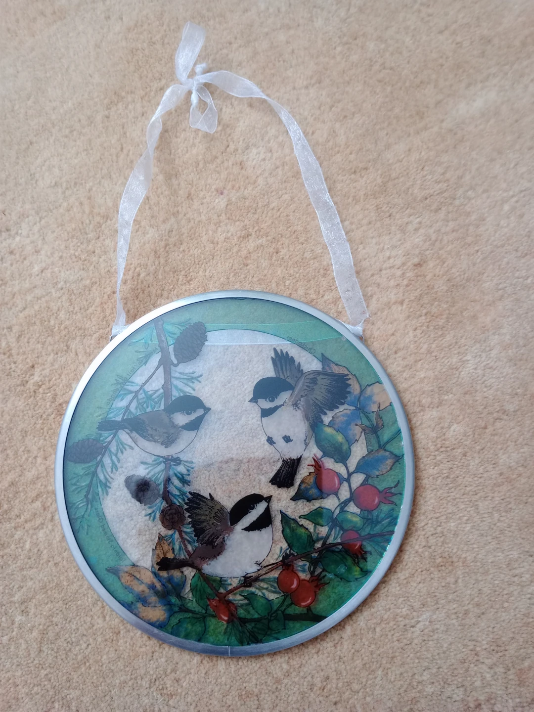 Hanging Bird Suncatcher with Chickadees