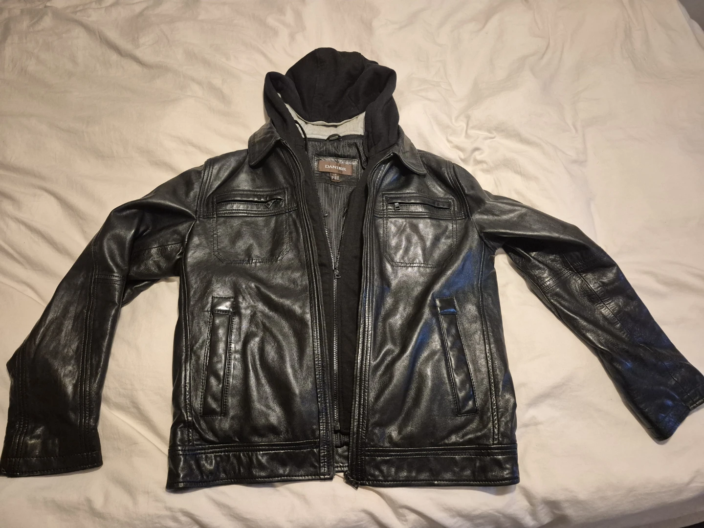DANIER Black Faux Leather Jacket with Hood