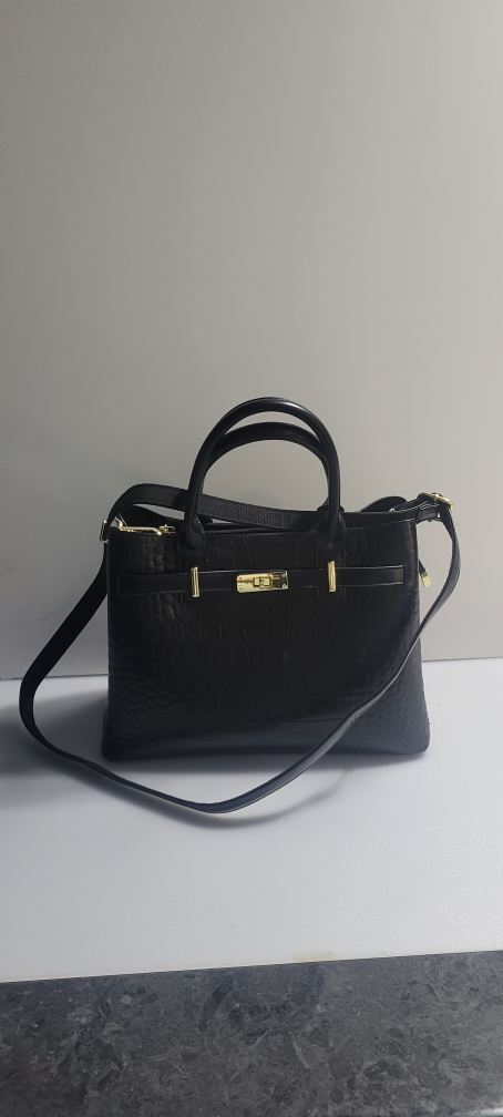 Black Crocodile-Embossed Satchel Handbag with Gold Hardware - photo 3