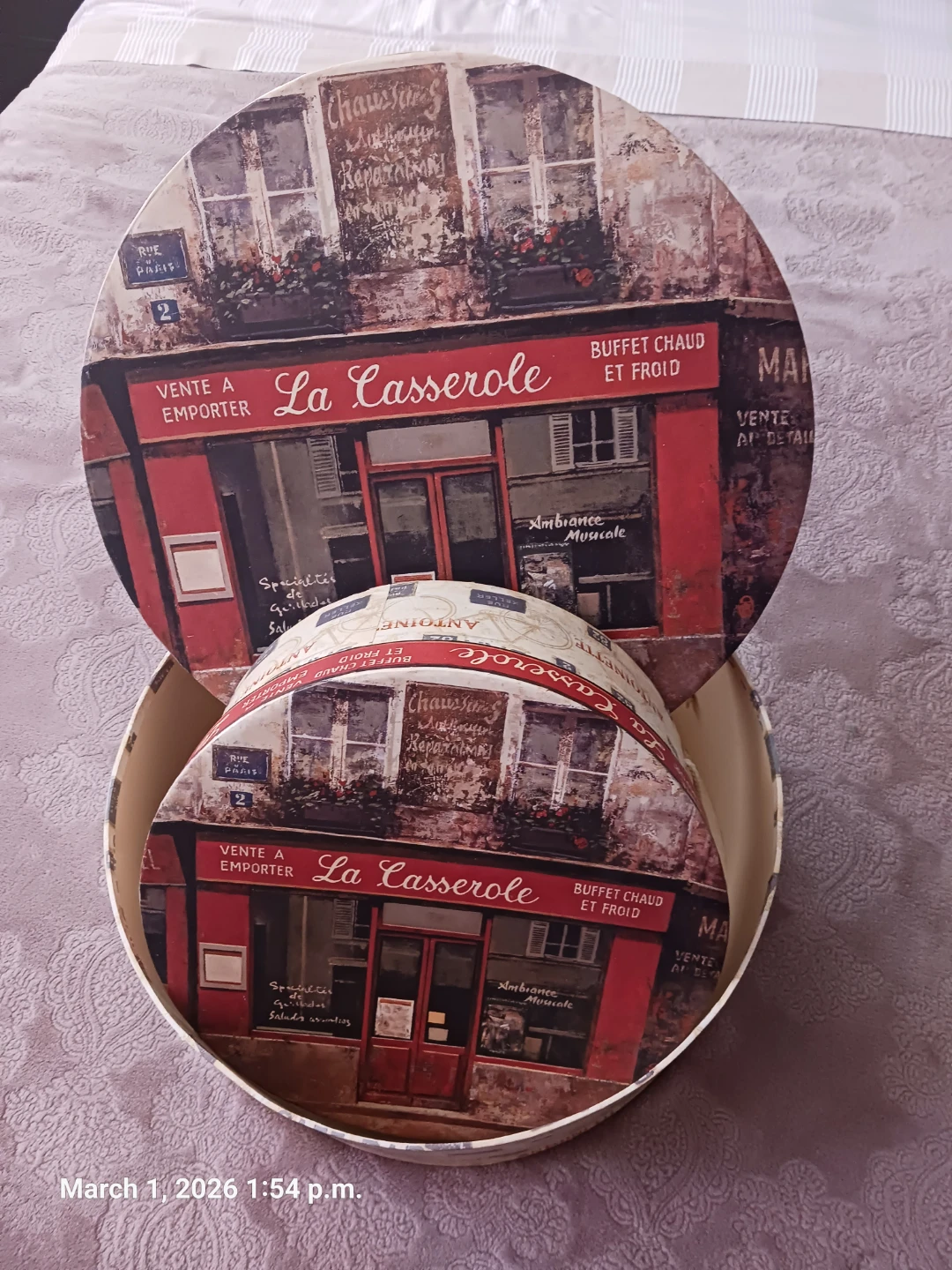 Round Decorative Storage Box - Parisian Cafe Design