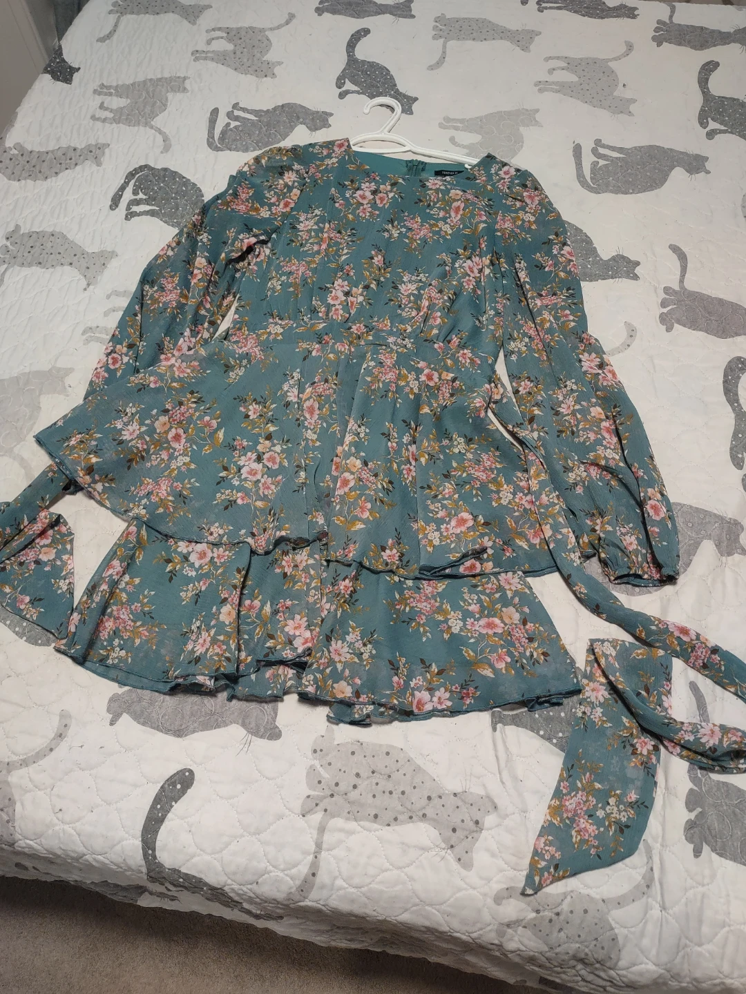 Teal Floral Tiered Ruffle Dress with Tie Waist - photo 2