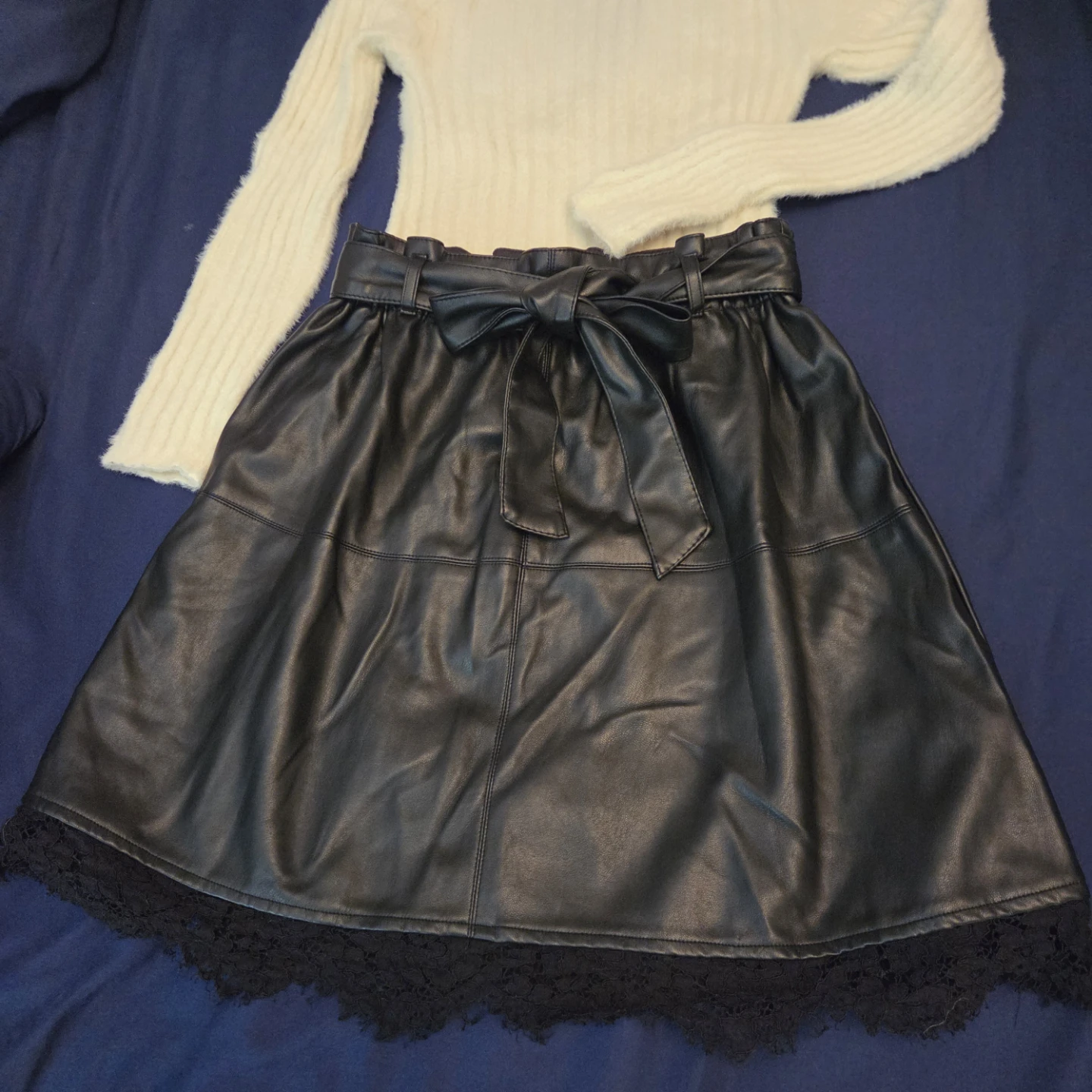 Black Faux Leather Skirt with Lace Trim