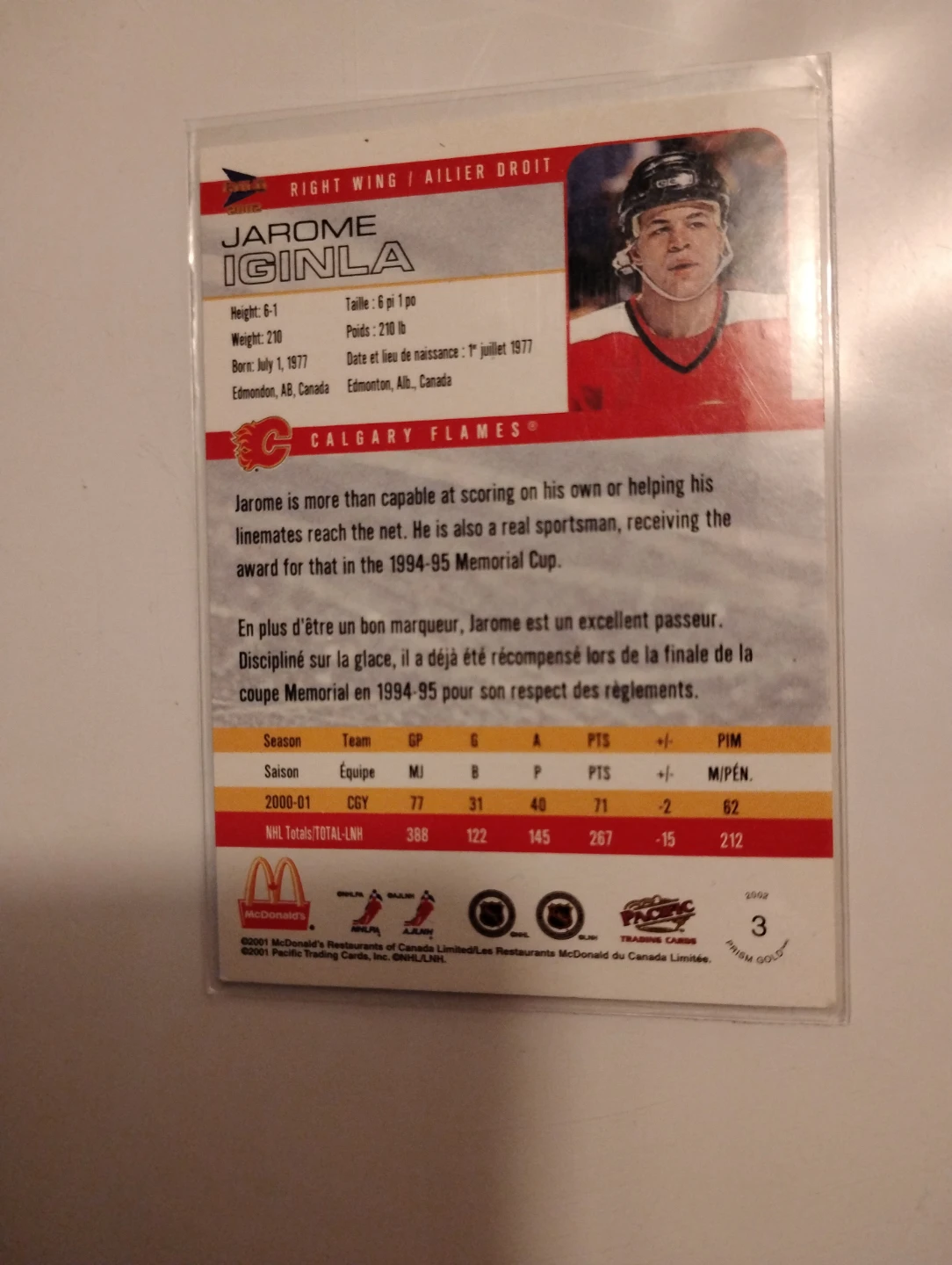2002 Pacific Prism Jarome Iginla Calgary Flames Hockey Card - photo 2