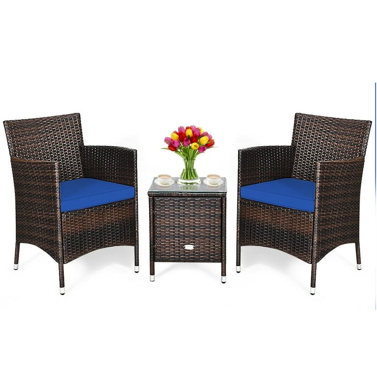 Brown Wicker Patio Set with Blue Cushions (2 Chairs, 1 Table)