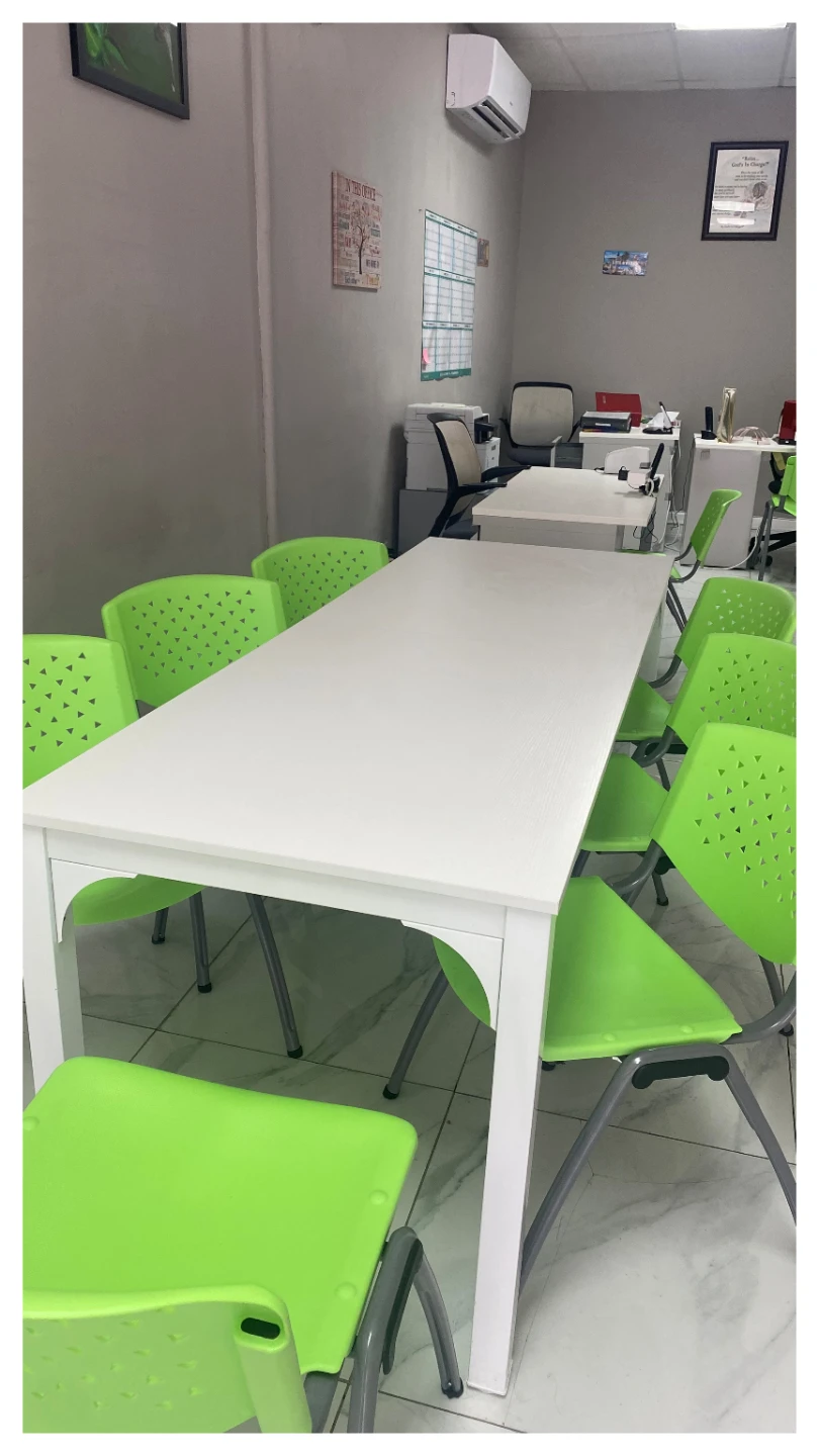 White Dining Table with 10 Bright Green Chairs