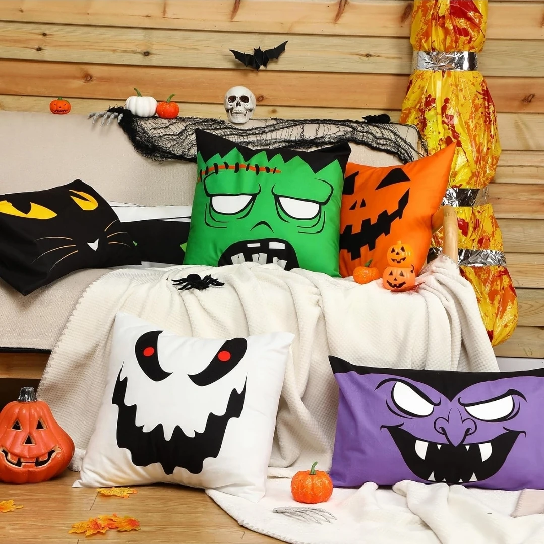Decorative Plush Pillow Covers Set of 6 | Cat Pumpkin Ghost - photo 4