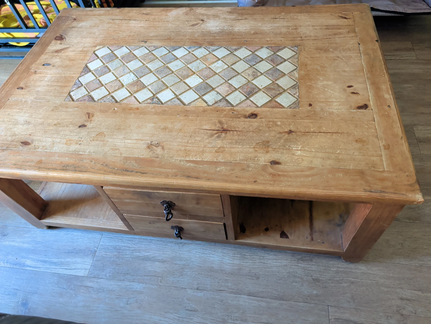 Wooden Coffee Table with Tile Inlay