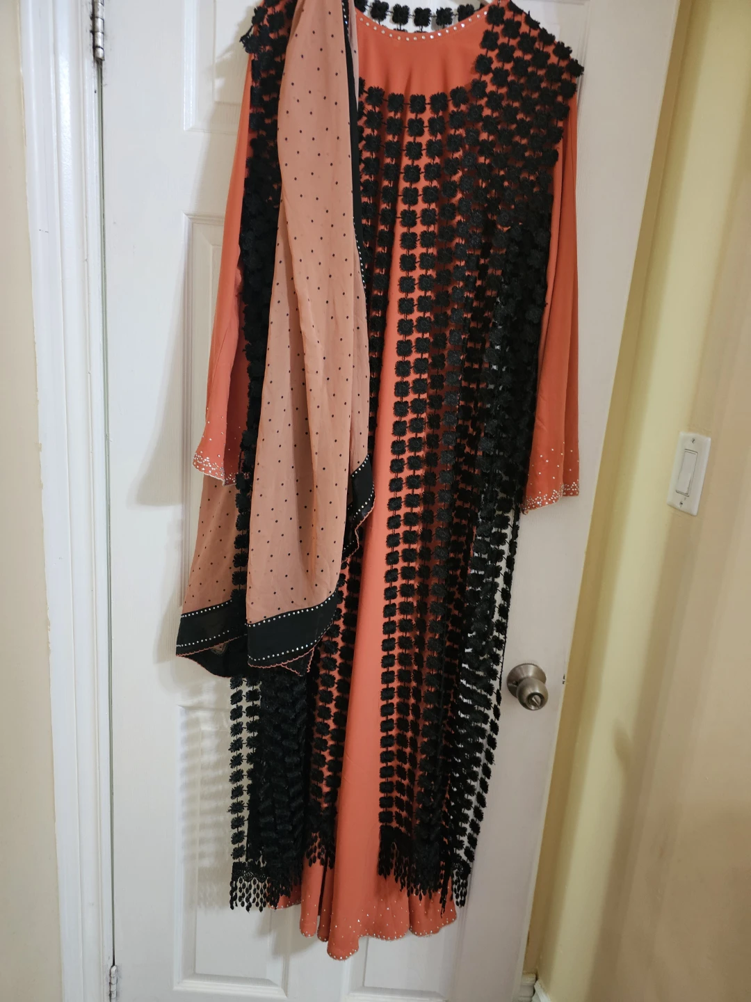 Orange Abaya with Black Embellishment and Scarf - photo 3