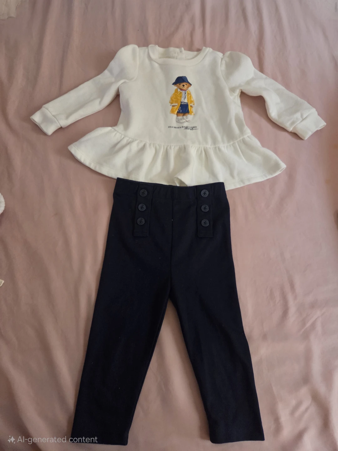 Polo Ralph Lauren Baby Girl Outfit - Bear Top & Navy Pants
