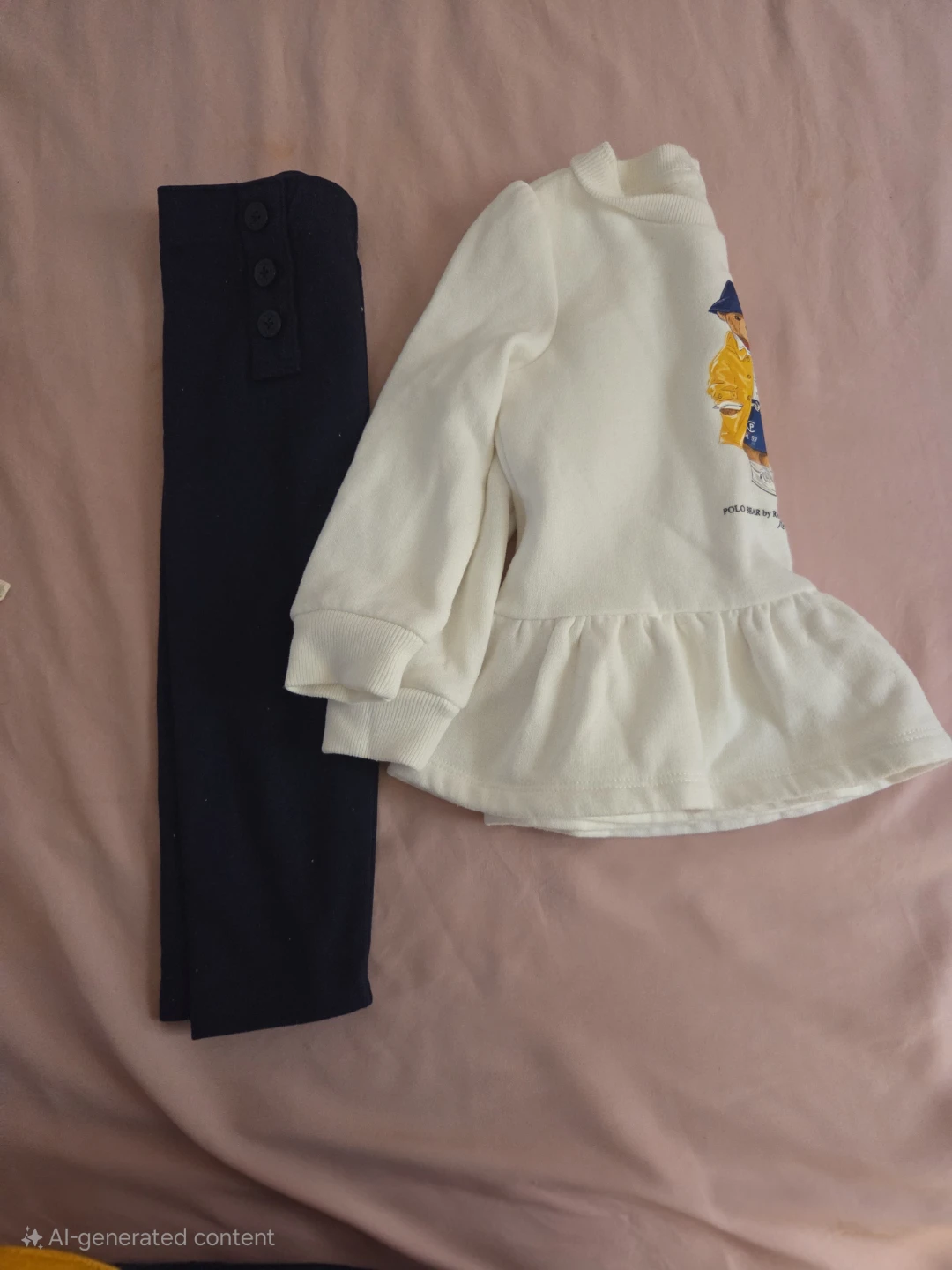 Polo Ralph Lauren Baby Girl Outfit - Bear Top & Navy Pants - photo 2