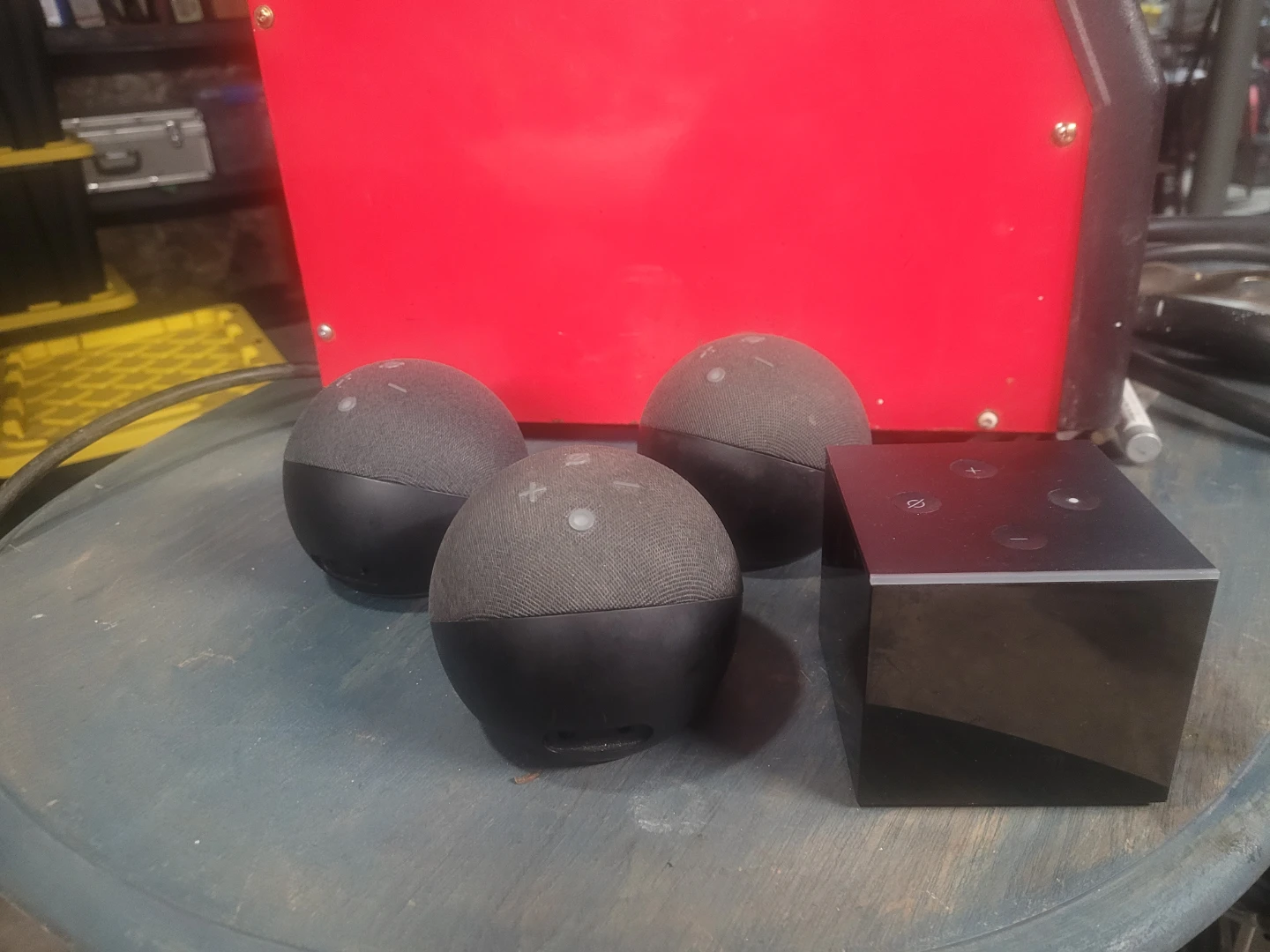 Amazon firecube and 3 amazon blue tooth speakers