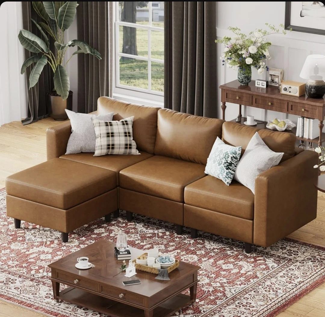 Brown Faux Leather Sectional Sofa with Chaise - photo 3